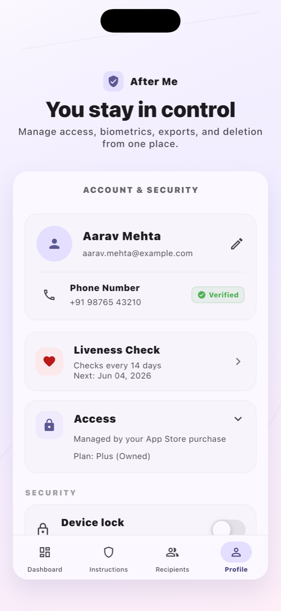 After Me profile and security settings screen
